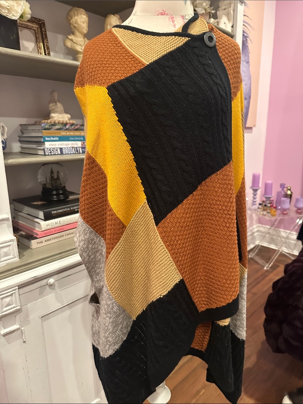 Hinge Multi-Colorblock Cable-Knit Poncho in Mustard, Rust & Black